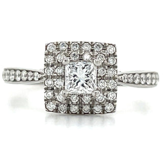 platinum princess cut diamond engagement ring with double halo and diamond set shoulders