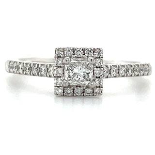 Platinum princess halo diamond engagement ring with diamond set shoulders