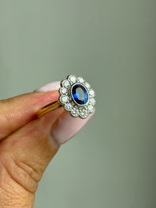 18ct Yellow Gold 0.77ct Sapphire & 0.74ct Diamond Halo Ring