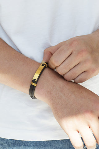 Gents Brown Leather And Gold Matte ID Bracelet With Magnetic Catch