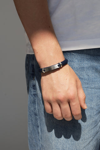 Gents Navy And Stainless Steel Leather ID Bracelet