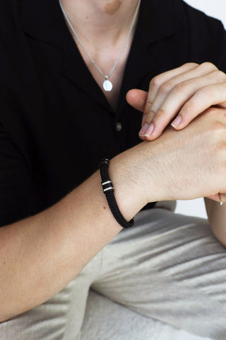 Gents Brown Cotton And Stainless Steel Bracelet