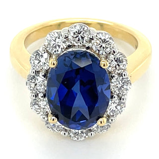 18ct Yellow Gold Laboratory Grown 10ct Sapphire And 1.33ct Diamond Princess Di Style Ring