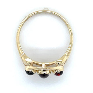 Vintage 9ct Yellow Gold Victorian Style Cabochan Garnet Three Stone Ring