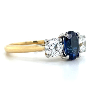18ct Yellow Gold Laboratory Grown 1.91ct Oval Sapphire & 1ct Round Diamond Three Stone Ring