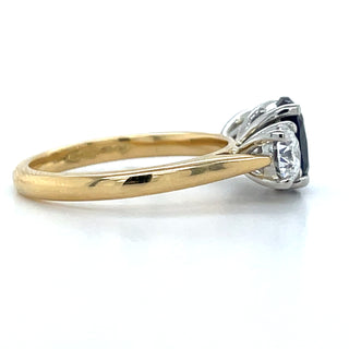 18ct Yellow Gold Laboratory Grown 1.91ct Oval Sapphire & 1ct Round Diamond Three Stone Ring