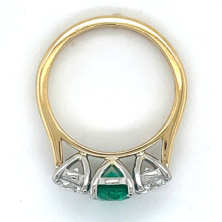 18ct Yellow Gold 1.24ct Laboratory Grown Oval Emerald & 1.02ct Round Diamond Three Stone Ring