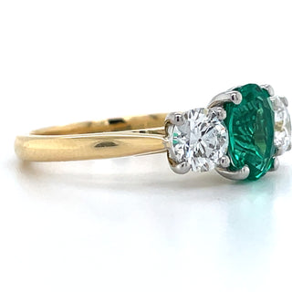 18ct Yellow Gold 1.24ct Laboratory Grown Oval Emerald & 1.02ct Round Diamond Three Stone Ring