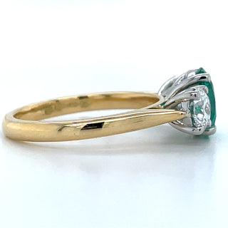 18ct Yellow Gold 1.24ct Laboratory Grown Oval Emerald & 1.02ct Round Diamond Three Stone Ring