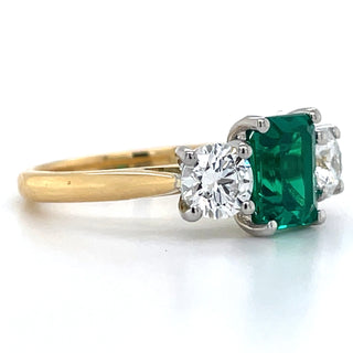 18ct Yellow Gold 1.31ct Laboratory Grown Emerald Cut Emerald & 1ct Round Diamond Three Stone Ring