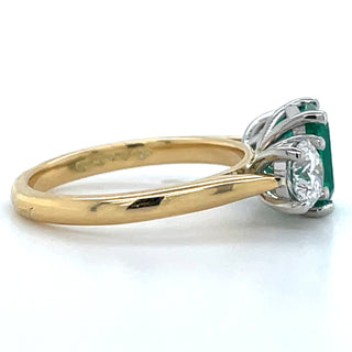 18ct Yellow Gold 1.31ct Laboratory Grown Emerald Cut Emerald & 1ct Round Diamond Three Stone Ring