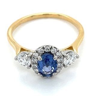 18ct Yellow Gold Oval Sapphire Trio Diamond Ring