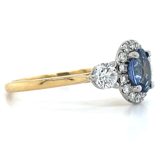 18ct Yellow Gold Oval Sapphire Trio Diamond Ring