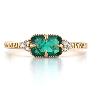 18ct Yellow Gold Earth Grown Horizontal Set 0.37-0.47ct Emerald with Side Trio of 0.04ct Diamond Ring