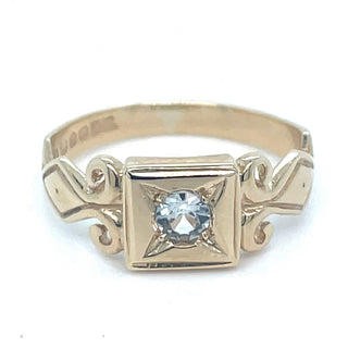 Vintage 9ct Yellow Gold Square Aquamarine and Waved Shoulder Ring