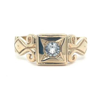 Vintage 9ct Yellow Gold Square Aquamarine and Waved Shoulder Ring