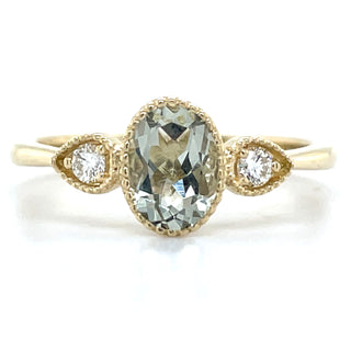 9ct Yellow Gold Milgrain Edge Earth Grown 0.67ct Green Amethyst & 0.10ct Diamond Ring