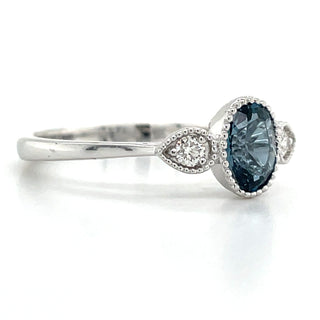 9ct White Gold Milgrain Edge Earth Grown 0.83ct London Blue Topaz & 0.10ct Diamond Ring