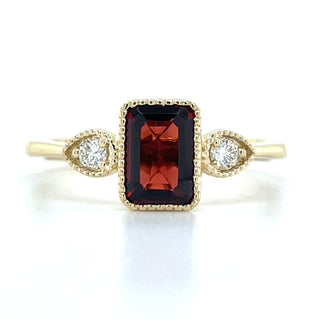 9ct Yellow Gold Milgrain Edge Earth Grown 1.23ct Garnet & 0.10ct Diamond Ring