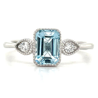 9ct White Gold Milgrain Edge Earth Grown 1.21ct Blue Topaz & 0.10ct Diamond Ring