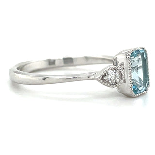 9ct White Gold Milgrain Edge Earth Grown 1.21ct Blue Topaz & 0.10ct Diamond Ring