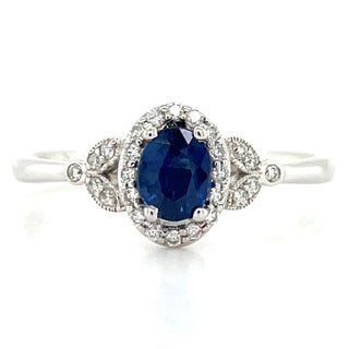 9ct White Gold 0.40ct Oval Sapphire Castle Halo With Vintage 0.12ct Diamond Side Detail Ring