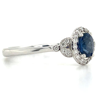 9ct White Gold 0.40ct Oval Sapphire Castle Halo With Vintage 0.12ct Diamond Side Detail Ring