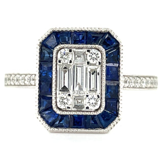 India - 18ct White Gold Earth Grown 1.45ct Sapphire Halo millgrain Edge Diamond Ring