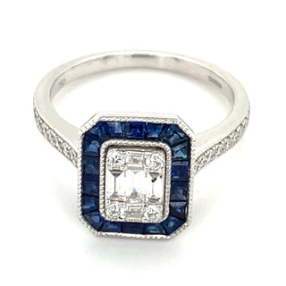 India - 18ct White Gold Earth Grown 1.45ct Sapphire Halo millgrain Edge Diamond Ring