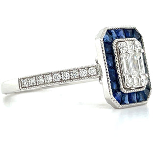 India - 18ct White Gold Earth Grown 1.45ct Sapphire Halo millgrain Edge Diamond Ring