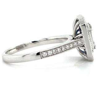 India - 18ct White Gold Earth Grown 1.45ct Sapphire Halo millgrain Edge Diamond Ring