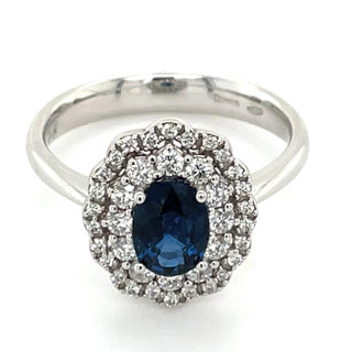 18ct White Gold Earth Grown 1.01ct Sapphire Surrounded by a Double Halo of 0.39ct Diamonds