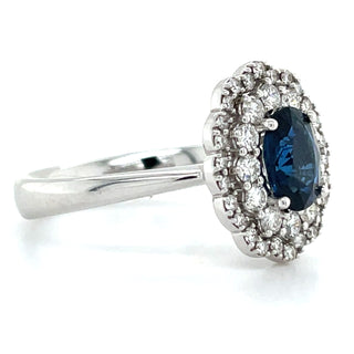 18ct White Gold Earth Grown 1.01ct Sapphire Surrounded by a Double Halo of 0.39ct Diamonds