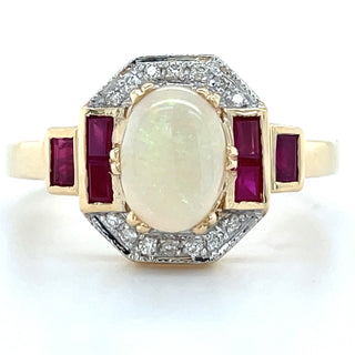9ct Yellow Gold Vintage Deco Style Earth Grown Opal, Ruby & Diamond Ring