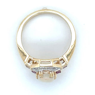9ct Yellow Gold Vintage Deco Style Earth Grown Opal, Ruby & Diamond Ring
