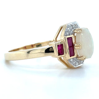 9ct Yellow Gold Vintage Deco Style Earth Grown Opal, Ruby & Diamond Ring