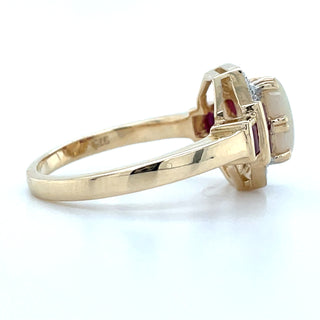9ct Yellow Gold Vintage Deco Style Earth Grown Opal, Ruby & Diamond Ring