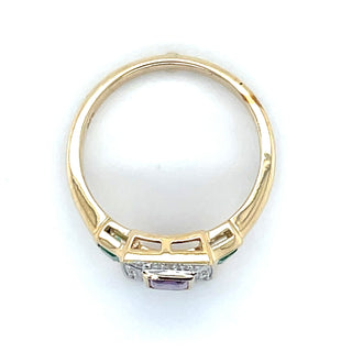 9ct Yellow Gold Vintage Style Earth Grown Emerald Cut Amethyst, Emerald & Diamond Ring