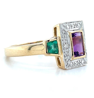 9ct Yellow Gold Vintage Style Earth Grown Emerald Cut Amethyst, Emerald & Diamond Ring