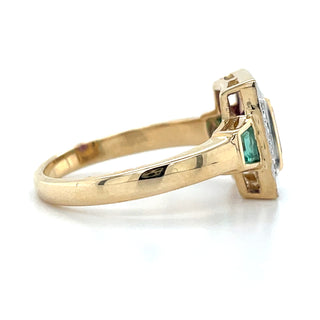 9ct Yellow Gold Vintage Style Earth Grown Emerald Cut Amethyst, Emerald & Diamond Ring