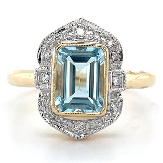 9ct Yellow Gold Vintage Deco Inspired Earth Grown Emerald Cut Blue Topaz & Diamond Ring