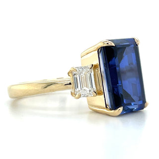 14ct Yellow Gold Laboratory Grown Emerald cut 7.35ct Sapphire with Two Laboratory grown Diamond Side Stone Ring