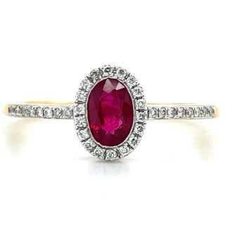9ct Yellow Gold Oval Ruby And Diamond Halo With Diamond Set Shoulders Ring
