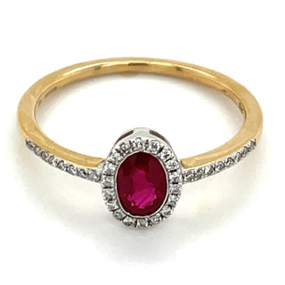 9ct Yellow Gold Oval Ruby And Diamond Halo With Diamond Set Shoulders Ring