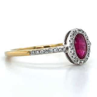 9ct Yellow Gold Oval Ruby And Diamond Halo With Diamond Set Shoulders Ring