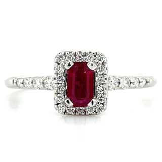 9ct White Gold 0.55ct Earth Grown Ruby and 0.10ct Diamond Halo Ring