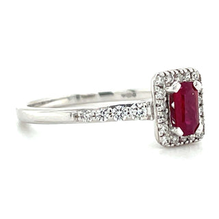 9ct White Gold 0.55ct Earth Grown Ruby and 0.10ct Diamond Halo Ring