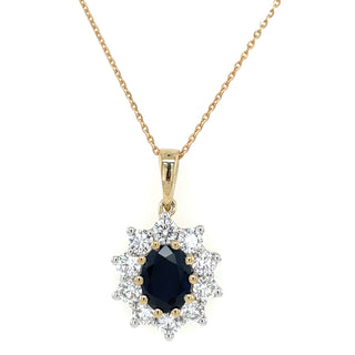 9ct Yellow Gold Laboratory Grown 1.50ct Oval Sapphire & 1.06ct Diamond Cluster Pendant