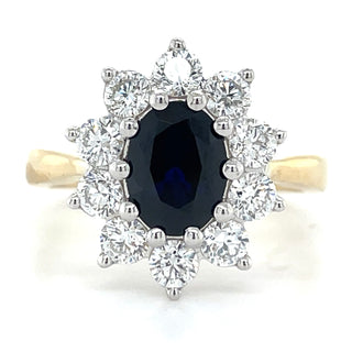 9ct Yellow Gold Laboratory Grown 1.75ct Oval Sapphire & 1.09ct Diamond Cluster Ring