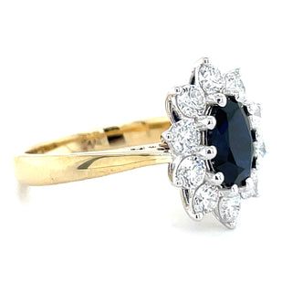 9ct Yellow Gold Laboratory Grown 1.75ct Oval Sapphire & 1.09ct Diamond Cluster Ring